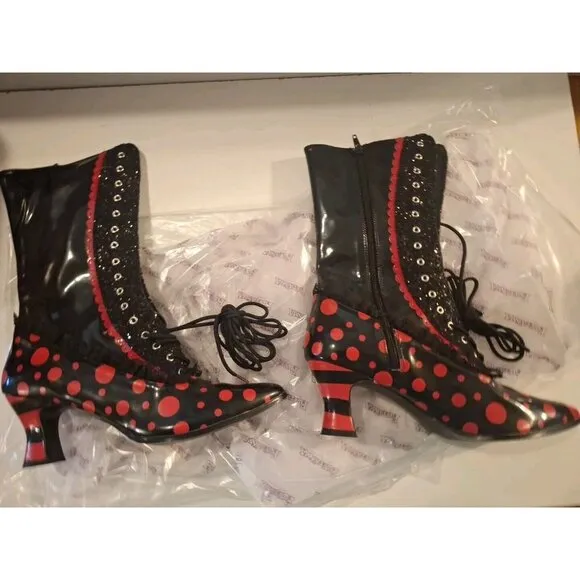 Fantasma 2&quot;   Heel Boots Black Red Dots With Lace Adult Women Shoes Size 11
