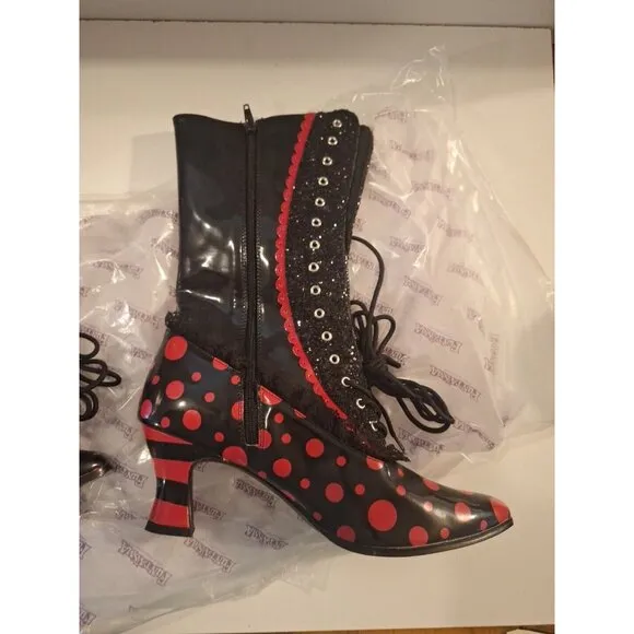 Fantasma 2&quot;   Heel Boots Black Red Dots With Lace Adult Women Shoes Size 11