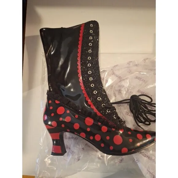 Fantasma 2&quot;   Heel Boots Black Red Dots With Lace Adult Women Shoes Size 11