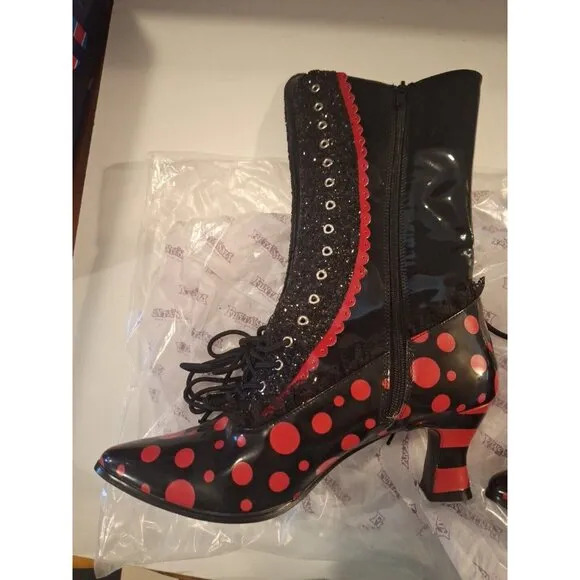 Fantasma 2&quot;   Heel Boots Black Red Dots With Lace Adult Women Shoes Size 11