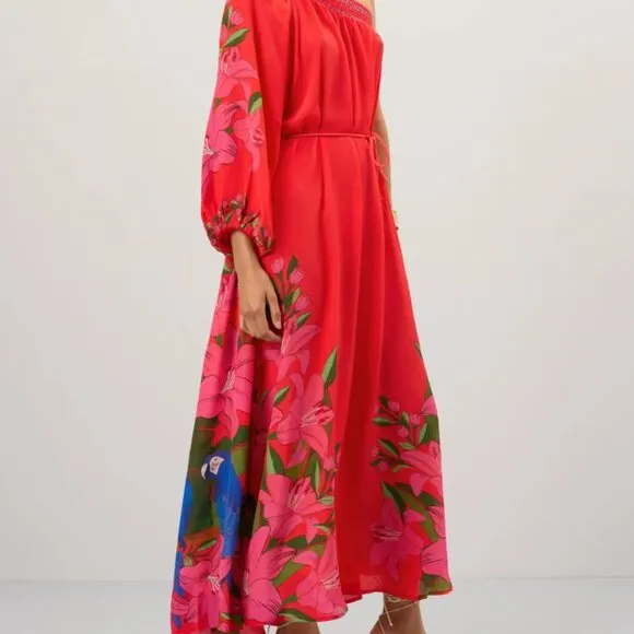 FARM RIO Summer Foliage Scarf Red Maxi Dress Size Small