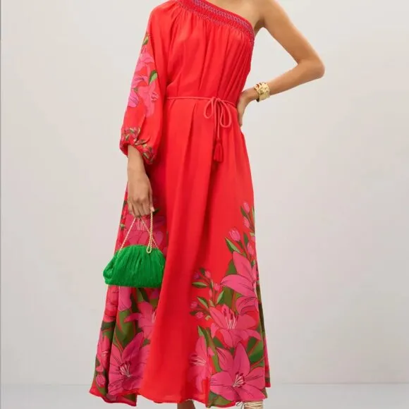 FARM RIO Summer Foliage Scarf Red Maxi Dress Size Small