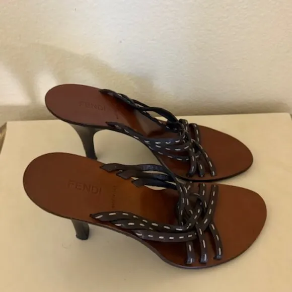 Fendi Fendi Dark Brown Leather Strappy Slide Sandals