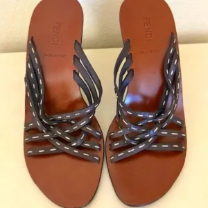 Fendi Fendi Dark Brown Leather Strappy Slide Sandals