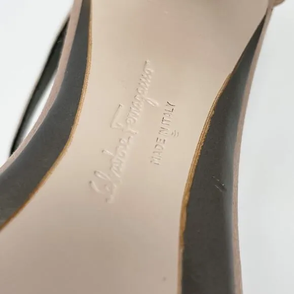 Ferragamo blush satin T strap stiletto sandals with crystal logo charm size 6.5
