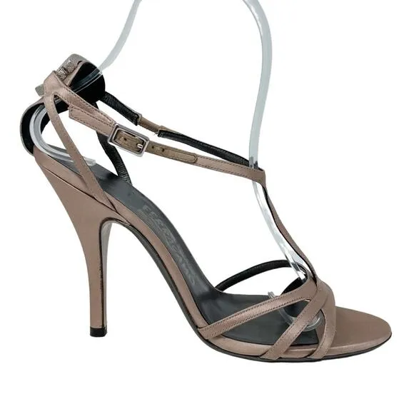 Ferragamo blush satin T strap stiletto sandals with crystal logo charm size 6.5