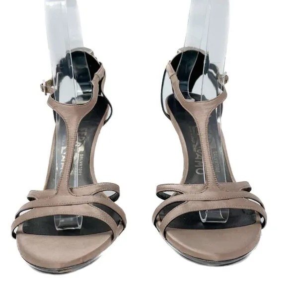 Ferragamo blush satin T strap stiletto sandals with crystal logo charm size 6.5