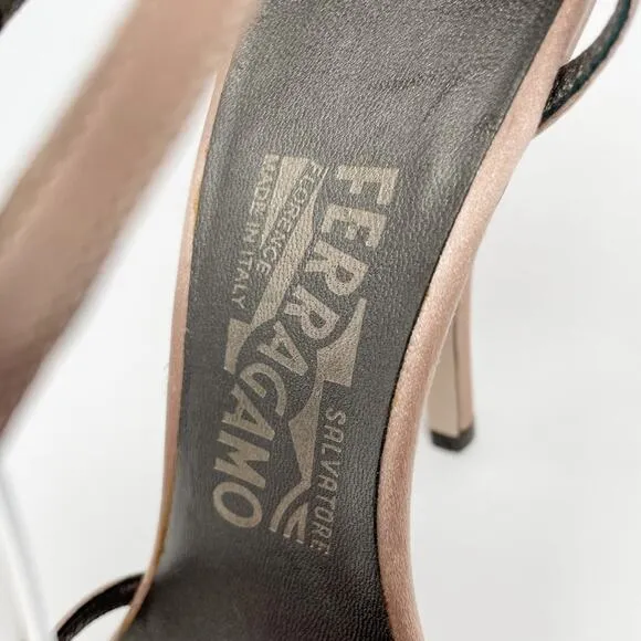 Ferragamo blush satin T strap stiletto sandals with crystal logo charm size 6.5