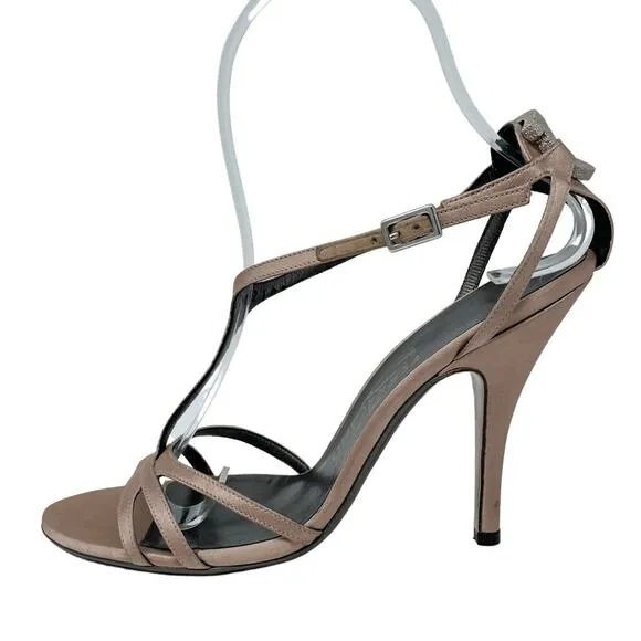 Ferragamo blush satin T strap stiletto sandals with crystal logo charm size 6.5
