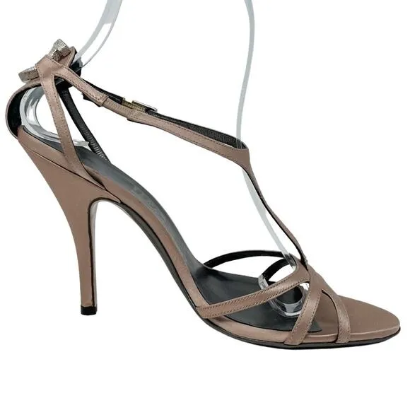 Ferragamo blush satin T strap stiletto sandals with crystal logo charm size 6.5