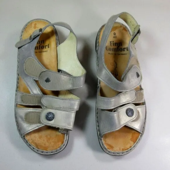 Finn Comfort womens silver Gomera metallic strappy slingback sandals 9.5 40 D
