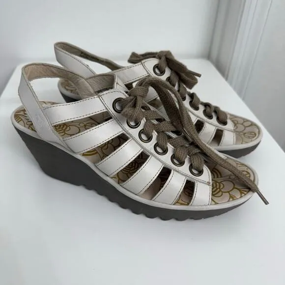 Fly London Yito Wedge Strappy Sandals Off White Sz 41 (US 10.5)
