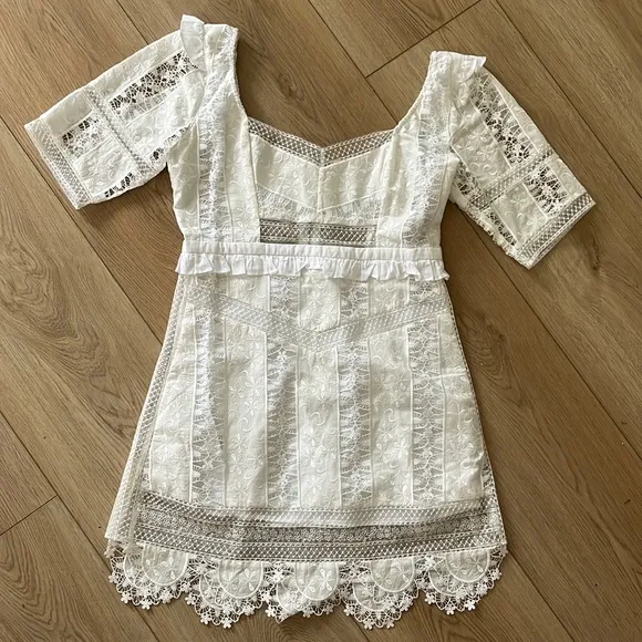 For Love And Lemons Amandine Mini Dress Off White Lace Short Sleeve Embroidered