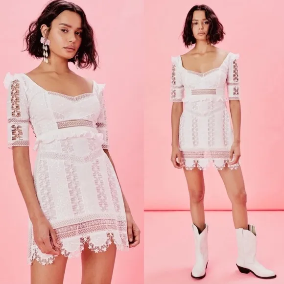For Love And Lemons Amandine Mini Dress Off White Lace Short Sleeve Embroidered