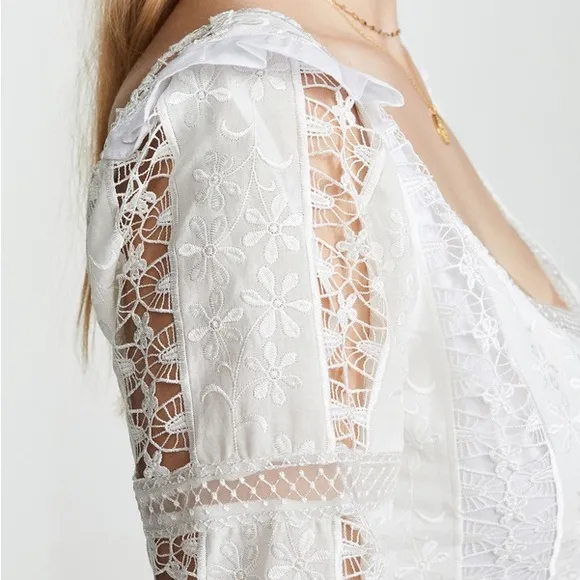 For Love And Lemons Amandine Mini Dress Off White Lace Short Sleeve Embroidered