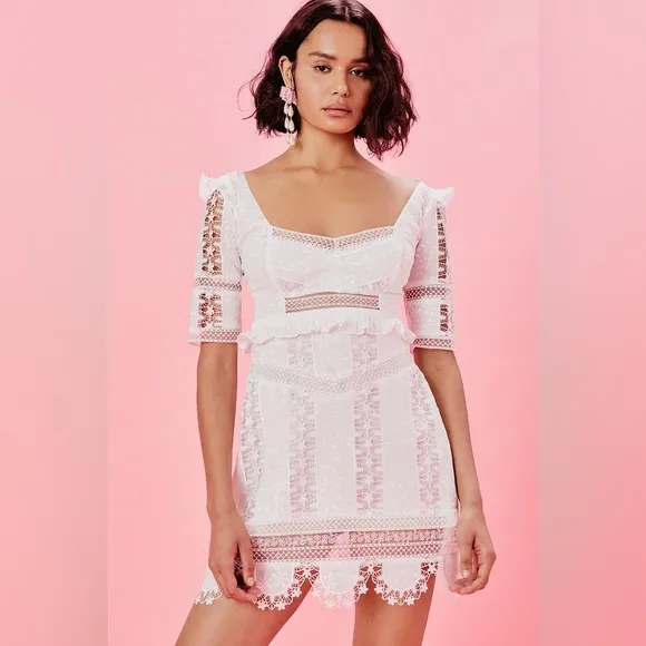 For Love And Lemons Amandine Mini Dress Off White Lace Short Sleeve Embroidered