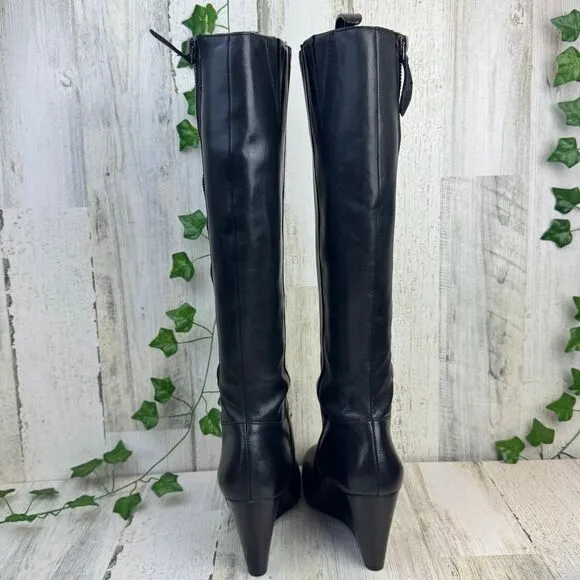 Franco Sarto black leather wedge heel knee high boots 7M