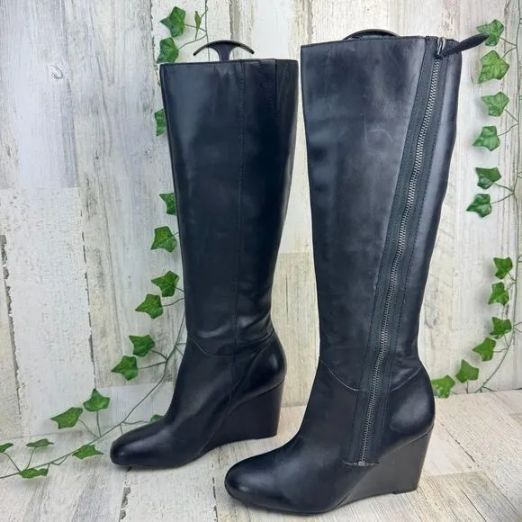 Franco Sarto black leather wedge heel knee high boots 7M