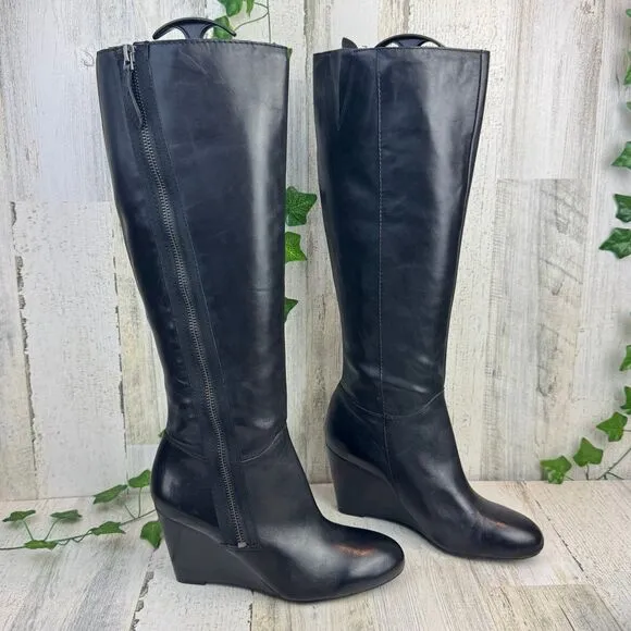 Franco Sarto black leather wedge heel knee high boots 7M
