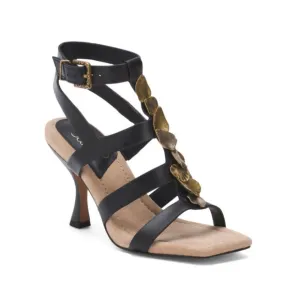 FRANCO SARTO Black Made In Brazil Leather Rine Heeled Sandals