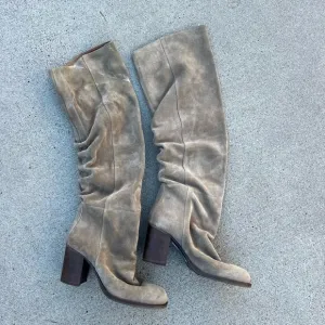Free People Elle Suede Leather Beige Souchy Heeled Knee High Boots Size 40