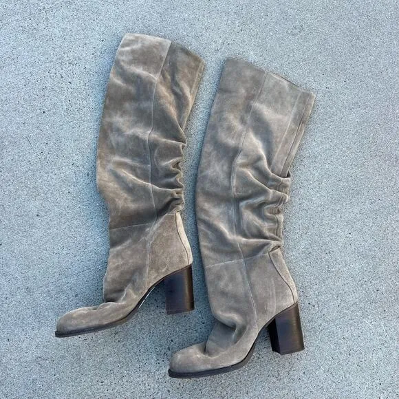 Free People Elle Suede Leather Beige Souchy Heeled Knee High Boots Size 40
