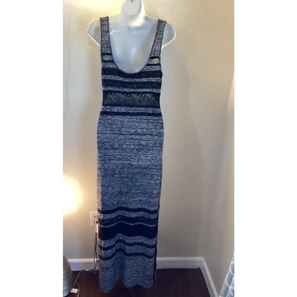 Free People Hazy Daze Gray Black Sheer Lace Sexy Knit Maxi Dress w Slits S NICE!