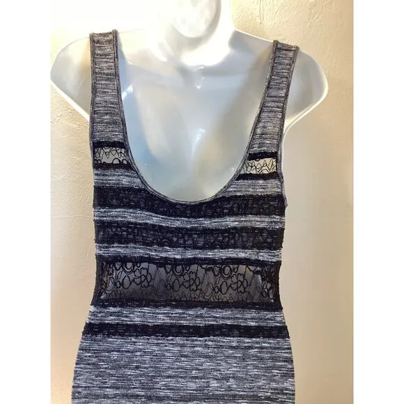 Free People Hazy Daze Gray Black Sheer Lace Sexy Knit Maxi Dress w Slits S NICE!