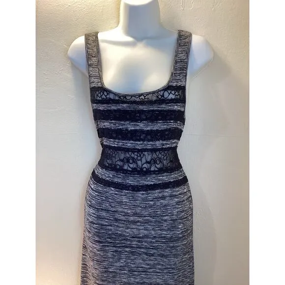 Free People Hazy Daze Gray Black Sheer Lace Sexy Knit Maxi Dress w Slits S NICE!