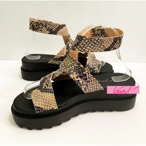 Free People Snakeskin Lug Sole Sandals Leather Snake Reptile Cut-Out Strappy 36