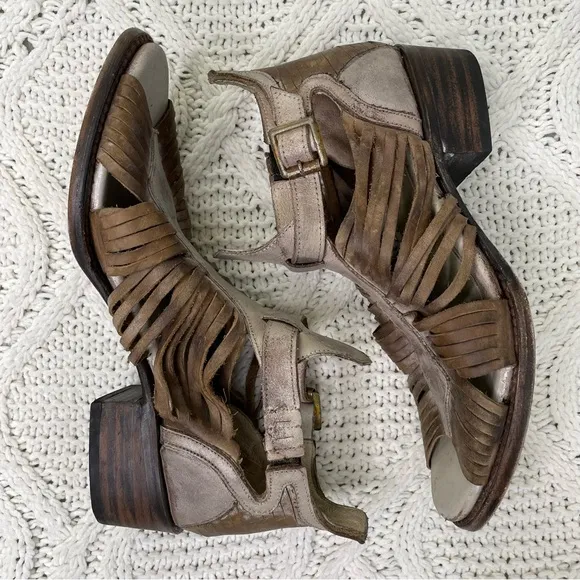 Freebird by Steven Arrow Stone Brown Leather Strappy‎ Open Toe Heeled Sandals