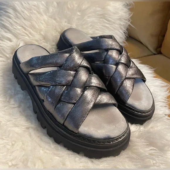 Fru.it Leather Slide Sandals Pewter Metallic Made in Italy 9.5