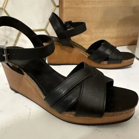 Frye Black Leather Slingback Buckle Wedge Open Toe Sandal Shoes Women's 9 M