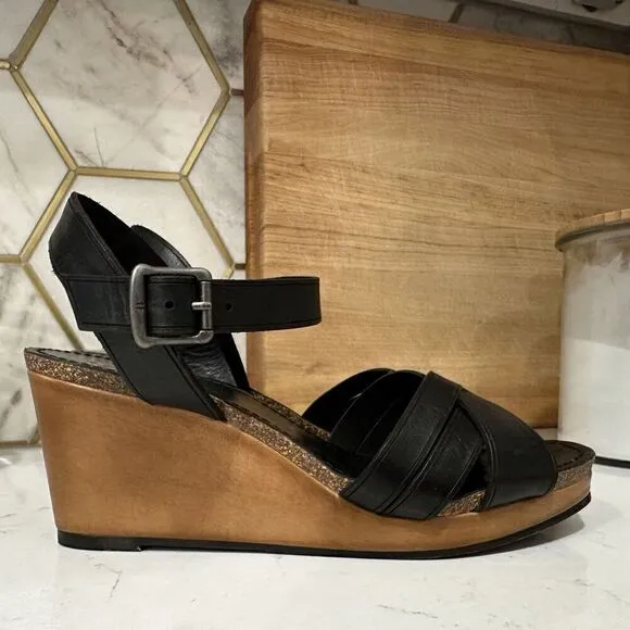 Frye Black Leather Slingback Buckle Wedge Open Toe Sandal Shoes Women's 9 M