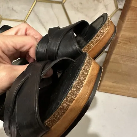 Frye Black Leather Slingback Buckle Wedge Open Toe Sandal Shoes Women's 9 M