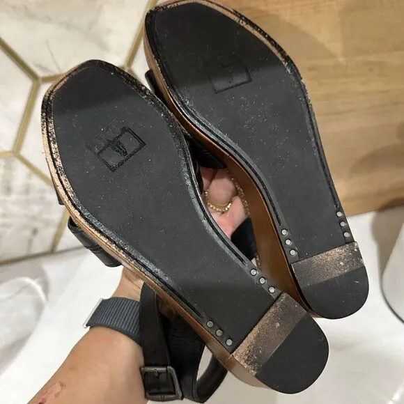Frye Black Leather Slingback Buckle Wedge Open Toe Sandal Shoes Women's 9 M