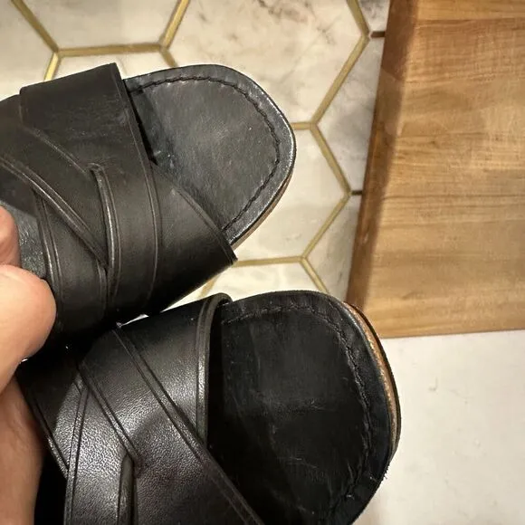 Frye Black Leather Slingback Buckle Wedge Open Toe Sandal Shoes Women's 9 M