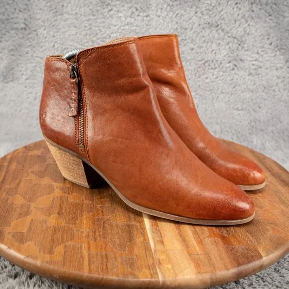Frye Judith Bootie Cognac Brown Leather Ankle Boot 3470016 Zip Closure SZ 8