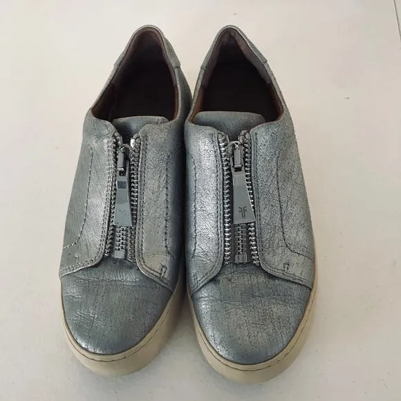 Frye Lena Zip Low Flat Sneaker Silver Metallic Shoes Women's Size 6.5