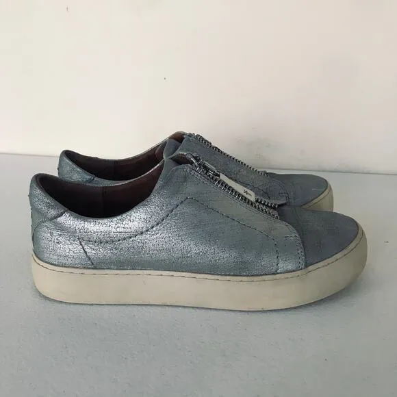 Frye Lena Zip Low Flat Sneaker Silver Metallic Shoes Women's Size 6.5