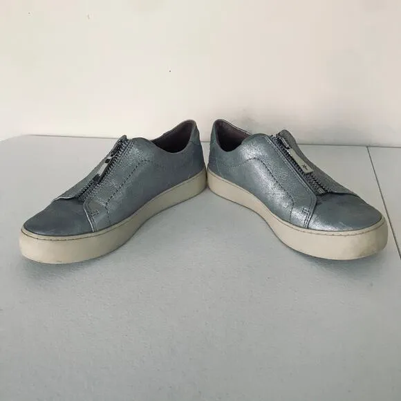Frye Lena Zip Low Flat Sneaker Silver Metallic Shoes Women's Size 6.5