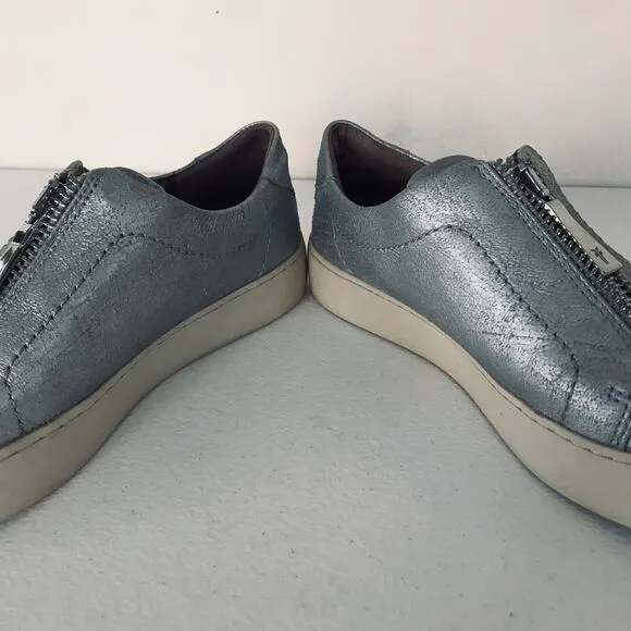 Frye Lena Zip Low Flat Sneaker Silver Metallic Shoes Women's Size 6.5