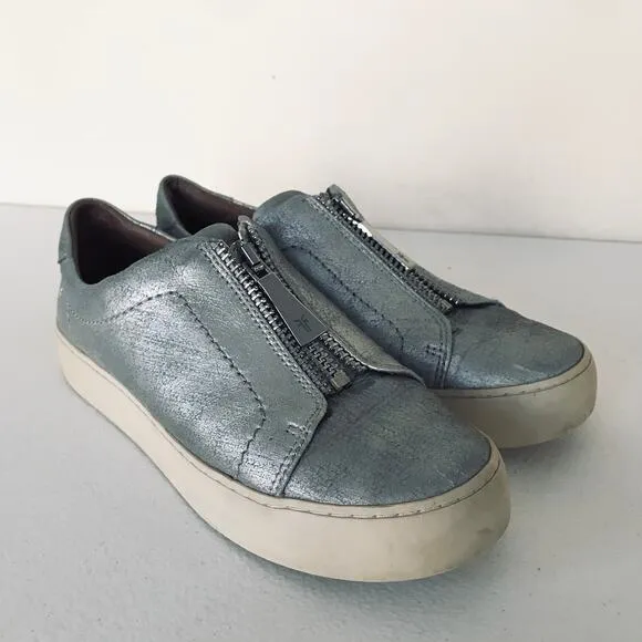 Frye Lena Zip Low Flat Sneaker Silver Metallic Shoes Women's Size 6.5