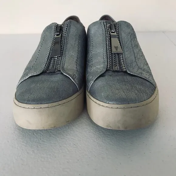 Frye Lena Zip Low Flat Sneaker Silver Metallic Shoes Women's Size 6.5