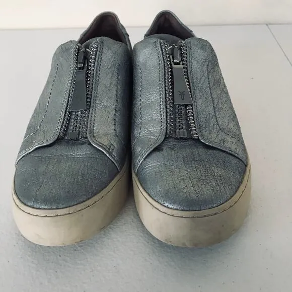 Frye Lena Zip Low Flat Sneaker Silver Metallic Shoes Women's Size 6.5