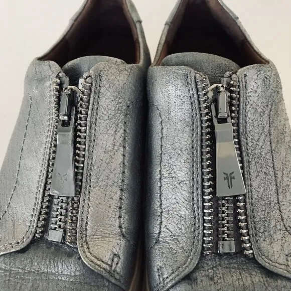 Frye Lena Zip Low Flat Sneaker Silver Metallic Shoes Women's Size 6.5
