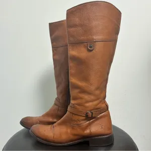 Frye Saddle Brown Pebble Leather Shirley Rivet Tall Side Zipper Boot 9 B *Stains