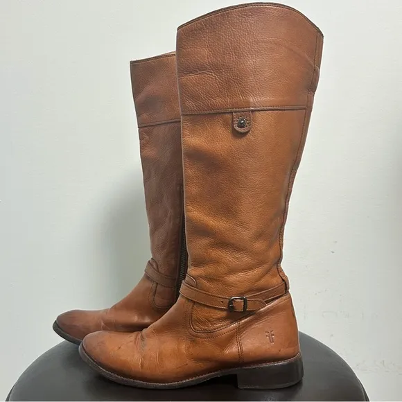 Frye Saddle Brown Pebble Leather Shirley Rivet Tall Side Zipper Boot 9 B *Stains