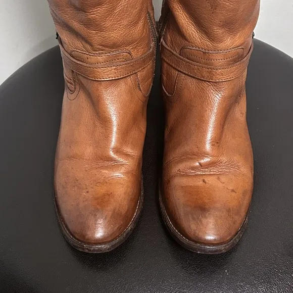 Frye Saddle Brown Pebble Leather Shirley Rivet Tall Side Zipper Boot 9 B *Stains
