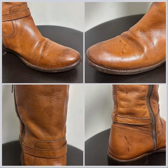 Frye Saddle Brown Pebble Leather Shirley Rivet Tall Side Zipper Boot 9 B *Stains